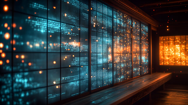 Futuristic Japanese Ranma transom window with glowing digital data streams.