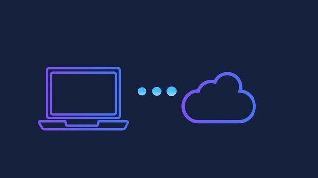 Animated motion graphics of a landscape photo icon connecting to a digital cloud via pulsing loading dots. Concept of mobile photography backup and cloud-based image storage on dark blue