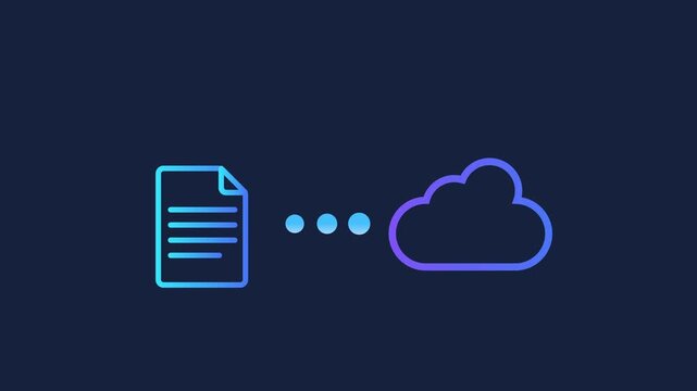Animated motion graphics of a document icon connecting to a digital cloud via pulsing dots. Conceptualizing cloud-based file storage, document backup, and remote data synchronization.