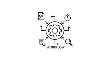 Fototapeta premium Workflow Automation Process Icon: Gear, Checklist, Timer, Magnifying Glass, Arrows