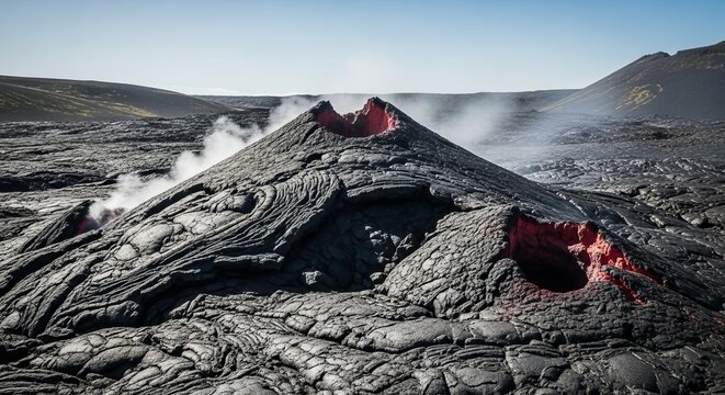 Active volcanic cone spewing molten lava and steam across a desolate, rocky landscape under a clear sky.