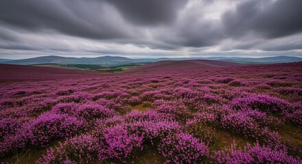 Fototapeta premium Vast purple heather fields stretching towards rolling hills under a dramatic, cloudy sky