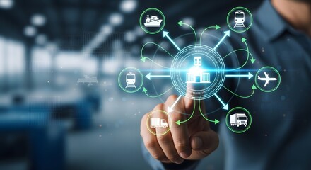 Fototapeta premium Businessman touching a digital screen, visualizing global logistics network and smart supply chain management, optimizing transportation and distribution solutions for modern commerce