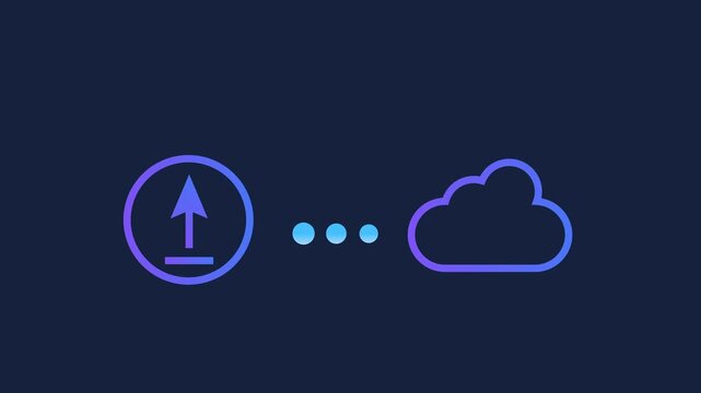 Animated motion graphics showing an upload arrow connecting to a cloud icon via pulsing dots. Conceptualizing cloud storage, data backup, and wireless file uploading on a dark blue background