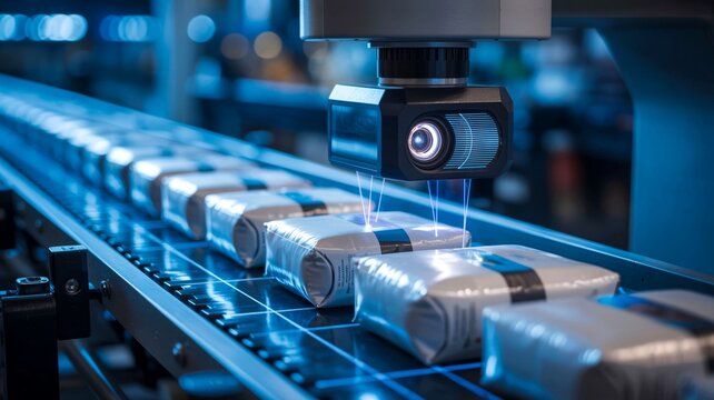 Automated robotic arm inspecting packaged products moving along a conveyor belt in a modern factory.