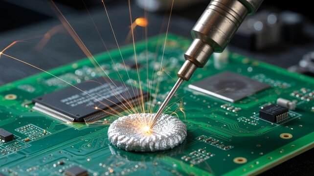 Soldering iron carefully applying heat to circuit board with electronic components for repair work.