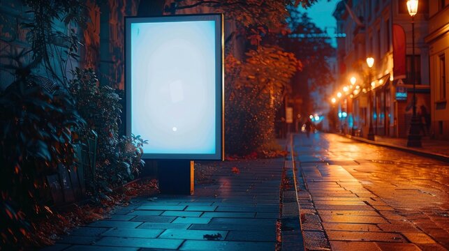 Blank lightbox billboard glowing on a wet city sidewalk at night with cinematic street lighting and warm bokeh for urban outdoor advertising marketing