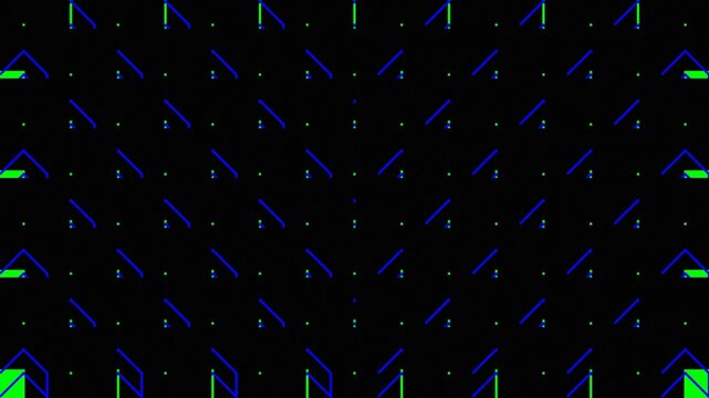 A digital abstract background featuring a grid of repeating blue diagonal lines and green pixel accents on a dark black field.