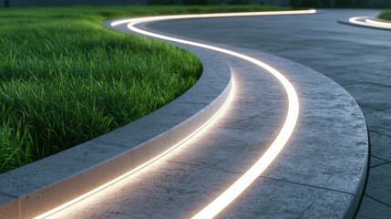 Naklejka premium Illuminated curved pathway in a modern park at twilight.
