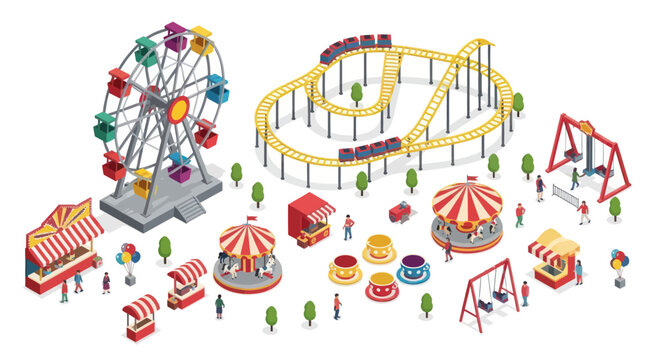 Amusement Park Scene: Ferris Wheel, Roller Coaster, Carousel, Rides, Stalls & People - Isometric View