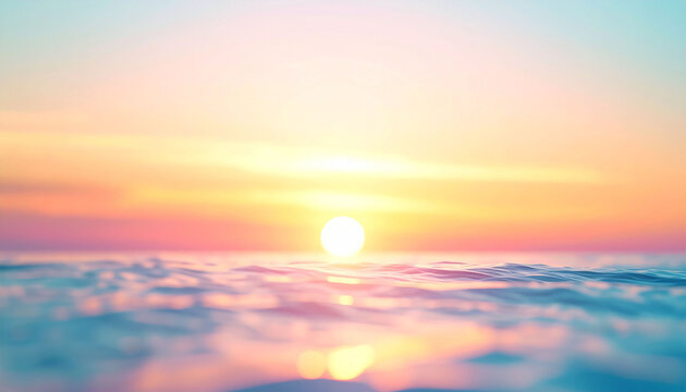 輝く夕日と穏やかな波紋が広がる美しい海面　コピースペースのある幻想的で明るいグラデーションの背景素材　Webサイトのヘッダーや広告バナーに活用できる自然の風景画像