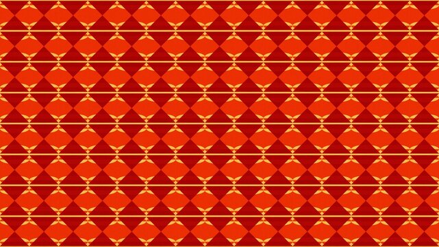 A vibrant seamless geometric pattern featuring repeating diamond and triangle motifs in warm tones of red orange and yellow suitable for textiles or backgrounds.