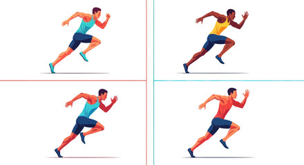 Obraz premium Diverse Athletes Sprinting: Four Runners in Dynamic Motion, Vector Art