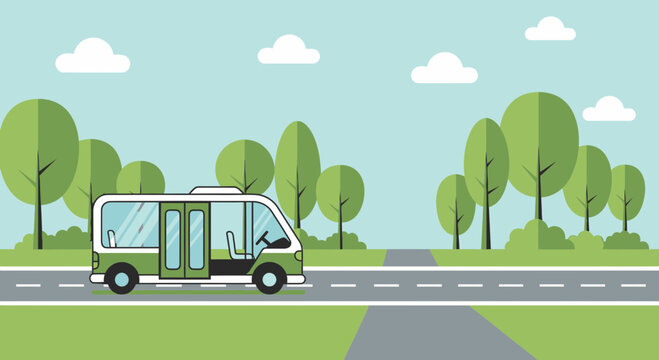 Green eco-friendly shuttle bus driving on a road through a park with trees and clouds