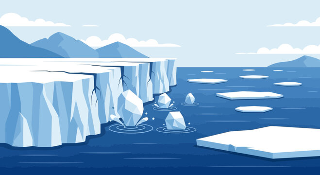 Iceberg calving into ocean, arctic landscape, climate change concept