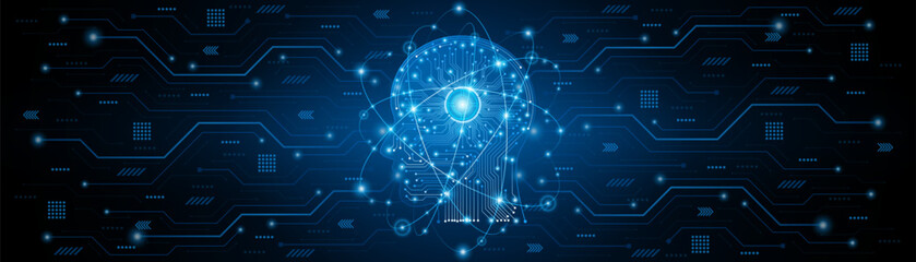 Obraz premium Futuristic AI human head with circuit board and glowing digital brain on dark blue background for technology and innovation concept.