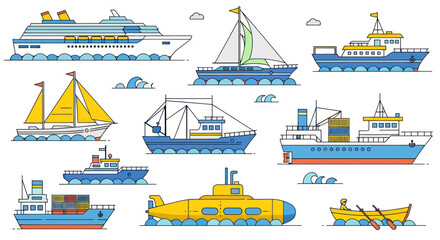 Collection of various watercraft and boats on blue wavy sea, flat vector illustration © Vinci
