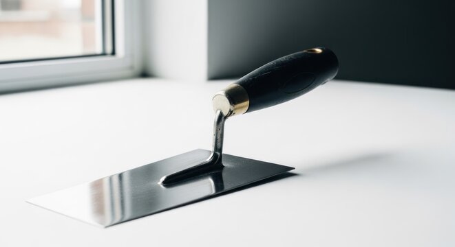 Steel trowel with dark handle on white surface
