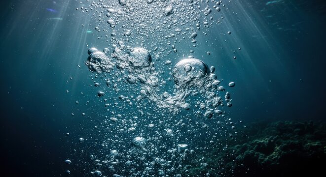 Sunbeams pierce underwater, illuminating rising bubbles