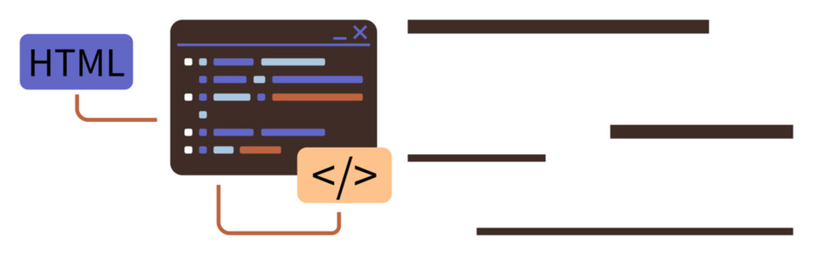 Web development, coding, software programming, front-end design, markup language education, digital interface creation. A code window with HTML and tag symbols. Web development and coding concept