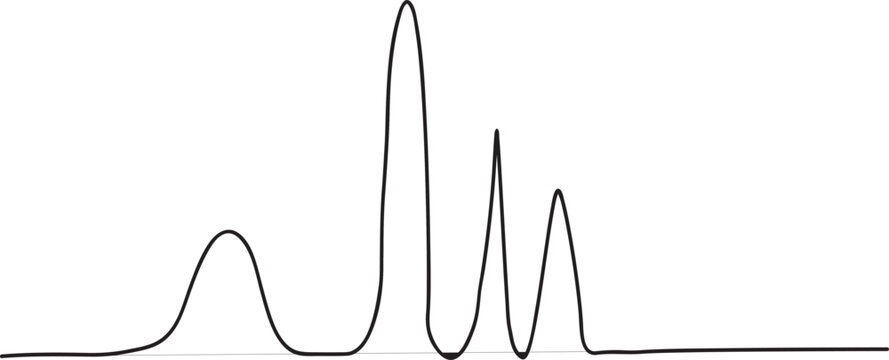 Illustration of a chromatogram line graph showing several intensity peaks on the horizontal axis. This image represents the results of liquid or gas chromatography analysis in science researcht
