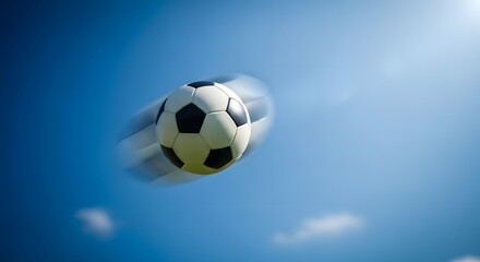 Naklejka premium A soccer ball in motion against a bright blue sky with motion blur