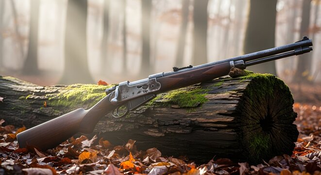 Vintage lever-action rifle resting on a moss-covered log in a sun-dappled forest setting
