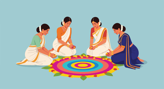 Group of women performing traditional Indian dance around a colorful decorative floor pattern during cultural