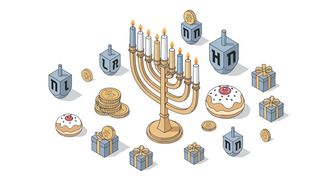 Hanukkah Celebration Objects: Menorah, Dreidels, Gifts, Coins, and Sufganiyot