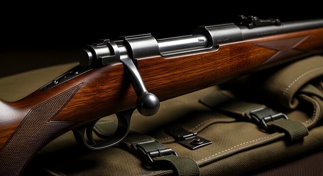 Close-up, detailed macro photograph of a classic hunting rifle with a polished wooden stock, highlighting its intricate metalwork and utilitarian design