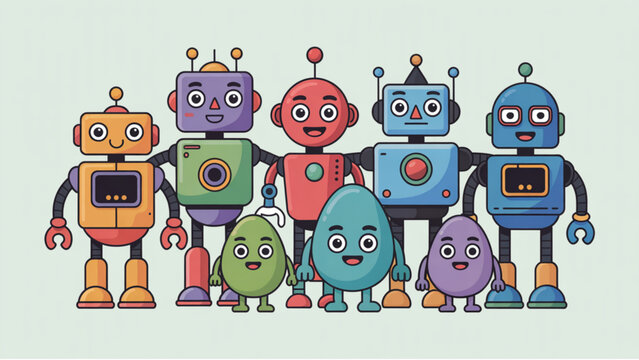 Playful Cartoon Robots and Cute Egg Character Set &ndash; Futuristic Fun Character Illustration Collection