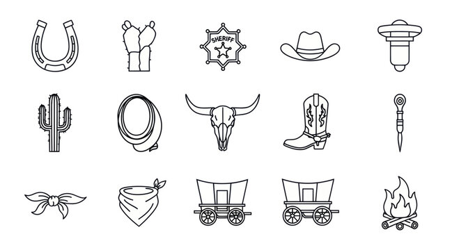 Western Cowboy Icons Set: Horseshoe, Cactus, Sheriff Badge, Hat, Lasso, Boot