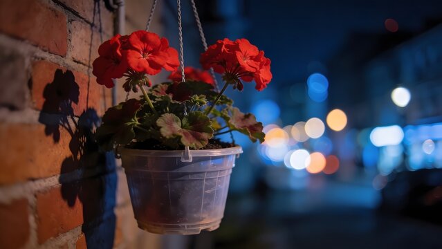 A hanging pot of red geraniums sits in front of a brick wall at night with city lights blurred in the background.