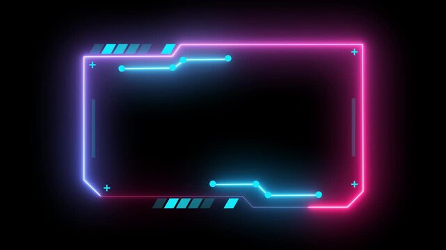 Modern futuristic user interface frame with glowing neon lines and digital HUD elements on dark background. This high-tech design is perfect for sci-fi interfaces, app UI, gaming overlays, technology 