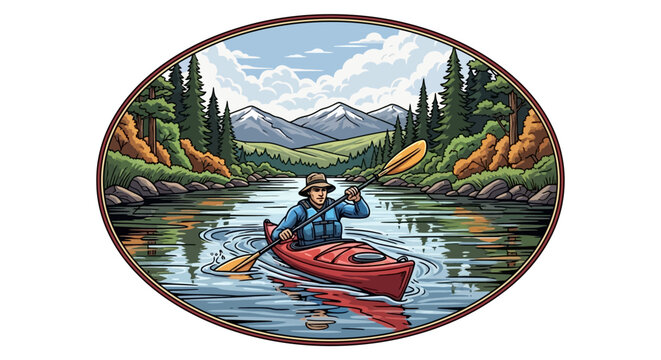 Man kayaking on serene mountain river.