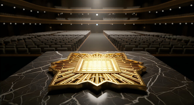 Intricate golden microchip pattern on marble surface in a grand hall