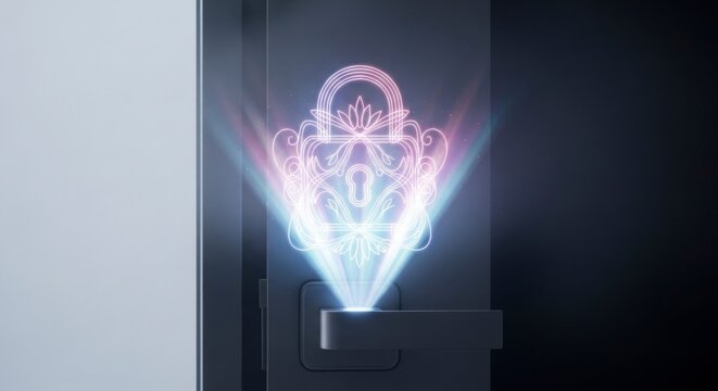 Projection holographique abstraite d'un symbole de cadenas d&eacute;cor&eacute; sur fond sombre