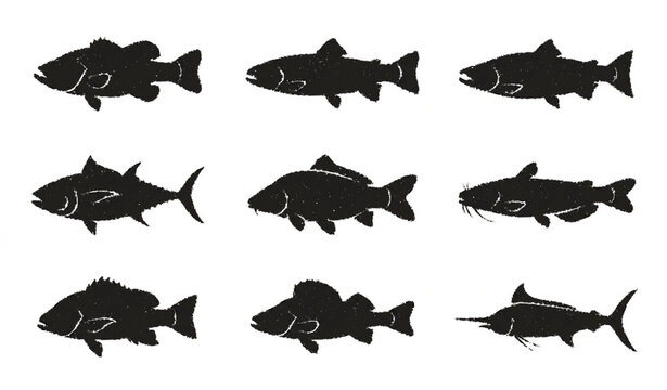 Fish silhouette icon set with freshwater and saltwater species for fishing vector collection