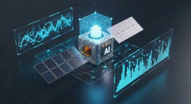 Futuristic AI cube at the center of glowing data analysis screens and solar panel elements, representing advanced technology