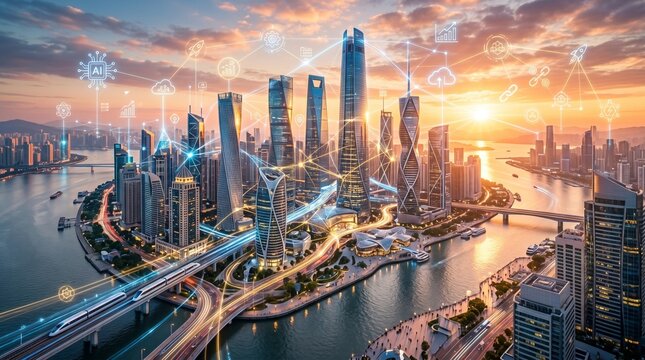 Futuristic smart city skyline with glowing digital network connections and icons representing technology and innovation