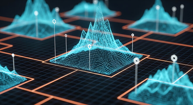 3D digital data visualization showing abstract mountain peaks on glowing grid with visualization analytics abstract technology statistics information mountain business software development