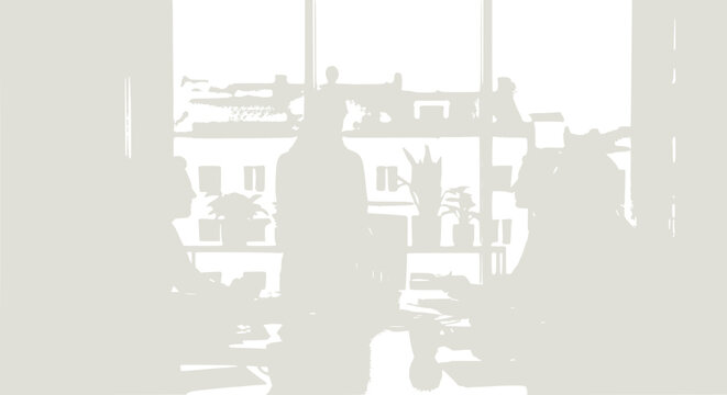 Silhouettes of people in a bright, modern office with large windows and plants