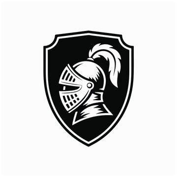 Medieval Knight Helmet on Shield Emblem.