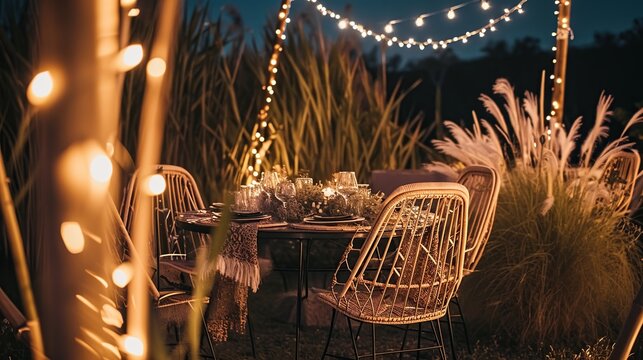 Outdoor Cozy Garden Dining Area Bathed in Warm String Lights at Night with Chairs and Table Among Tall Grasses