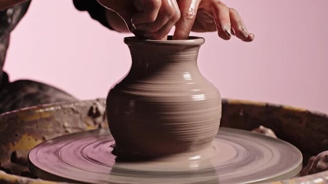 Hands shaping clay on pottery wheel.