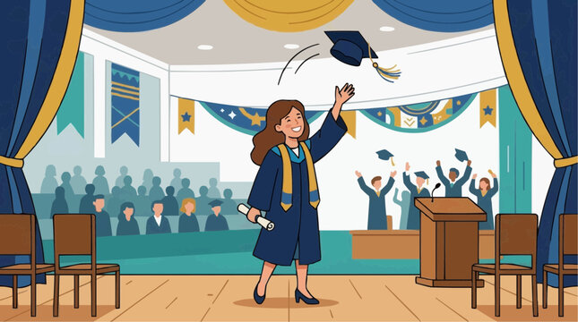 Graduation: A graduate joyfully throws their cap into the air, celebrating the culmination of years of study within a decorated ceremony hall.