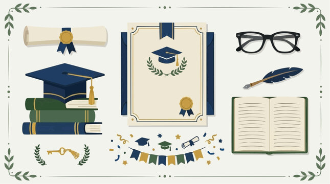 Academic Essentials: An artistic assembly of essential academic elements, including a graduation cap atop a stack of books, a diploma, glasses, and other symbols of learning and achievement. 