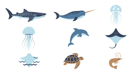 Set of Marine Animals Illustration: Shark, Dolphin, Narwhal, Turtle, Jellyfish, Shrimp, Ray © Teh