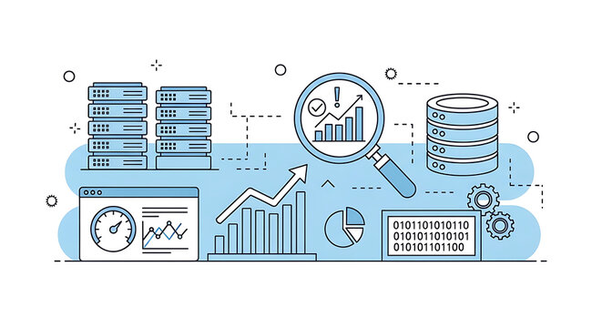 Data analysis and server infrastructure concept with blue digital icons and growth charts analysis technology business information statistics management reporting optimization monitoring