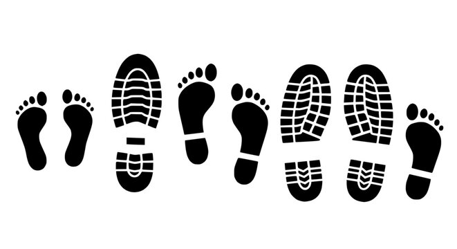 Black Footprints and Shoe Prints Collection on White Background